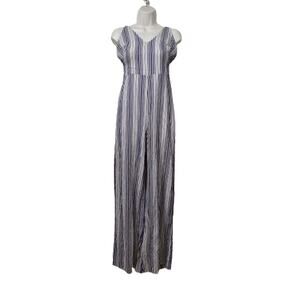 LUSH Women's Blue Striped V-Neck Lined Cross Back Linen Jumpsuit Wide Leg Size S